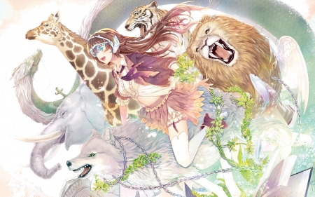 Anime - me, lion, girl, giraffe, cg, wolf, art, elephant, tagme, anime, animal, tiger, manga