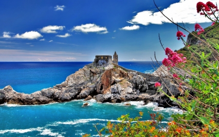 Cinque Terre, Italy - clouds, stone, cinque terre, sea, ocean, flowers, nature, italy, castle