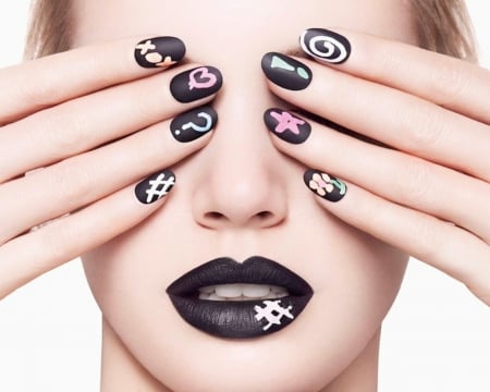 Black - mouth, woman, face, lips, hand, nails, black