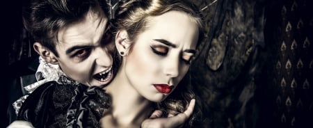 Ready - woman, couple, lips, girl, black, vampire, fantasy, creative, fang, situation, man, red