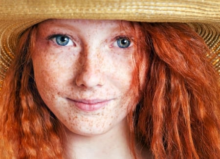 Beauty - face, model, hat, girl, woman, redhead, freckles