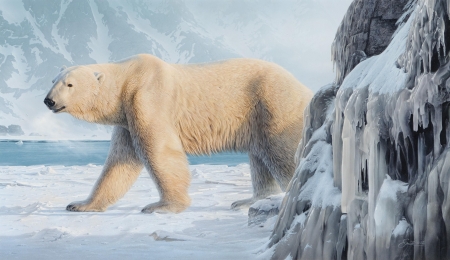 Catching the Scent - painting, trees, snow, artwork, bear, polar bear, winter