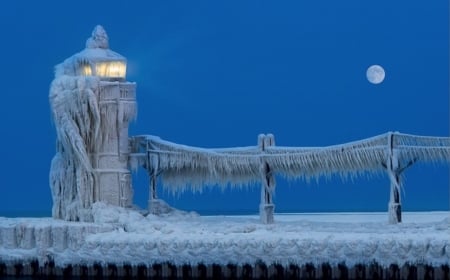 Frozen Lighthouse - moon, ice, pier, snow, winter, night