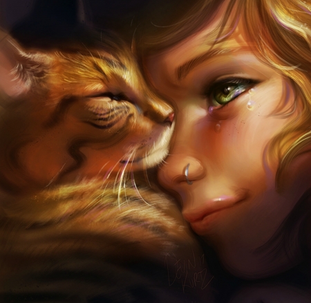 Thank You and Goodbye - tamberella, tears, cat, pisica, fantasy, face, art, luminos, animal, orange