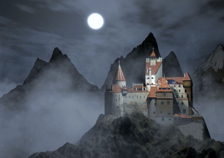 Dracula's Castle - moon, romania, night, mountains, building