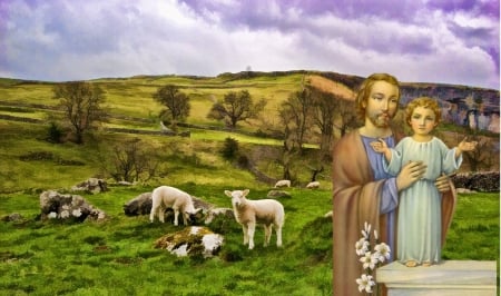 Saint Joseph - christ, jesus, saint joseph, sheep, religion, father