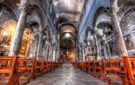 Temple - cross, benches, altar, columns, hdr