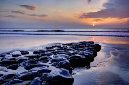 Sunset - rocks, beach, sunset, ocean, nature