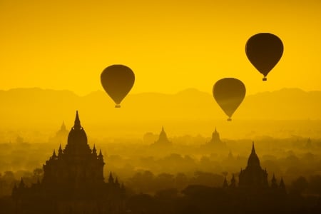 Myanmar Burma - burma, morning, temple, myanmar, silhouette, air balloons, yellow, castle