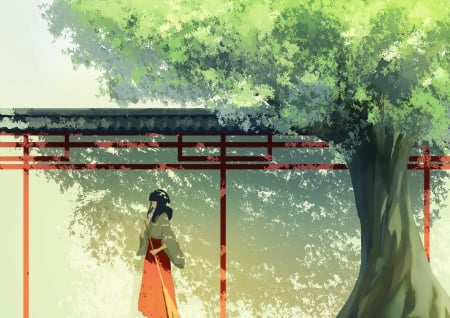 Waiting - summer, orange, tree, anime, cjl6y5r, girl, shadow, manga