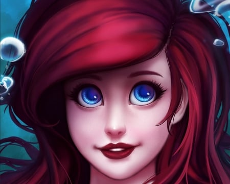 Ariel - face, fanart, girl, redhead, fantasy, mynxuu, mermaid, ariel, princess, luminos, disney