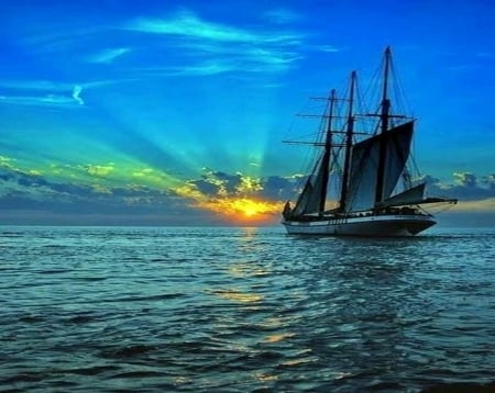 Blue sunset - water, ship, sunset, blue