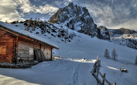 Cabin in Winter - clouds, snow, mountains, fence, sky