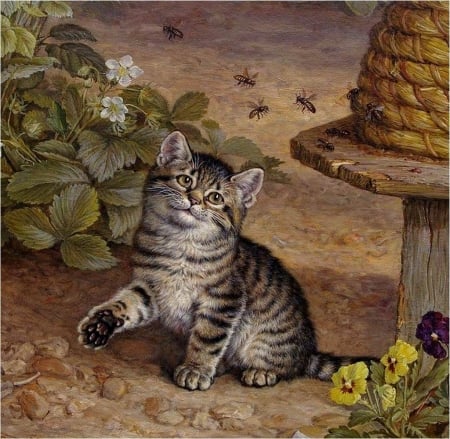 Cat and bees - bee, kitten, painting, insect, hive, cat