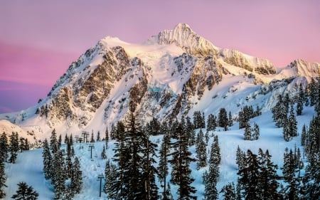 Winter Mountain - Mountain, Snow, Pink, Sunset