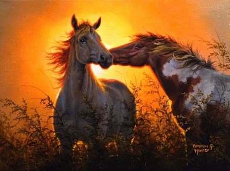 Horses Kissing - horses, attractions in dreams, love four seasons, animals, paintings, spring, kisses