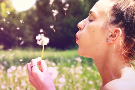 Blowing off dandelions - mood, modeel, flower, girl