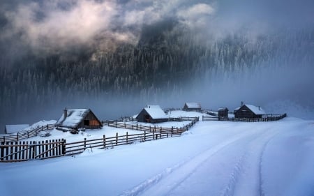 Winter Cabins - sky, fence, landscape, clouds, snow