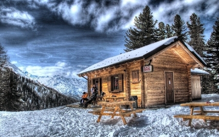 Mountain Bar - clouds, winter, cabin, benches, snow, bench, man, sky