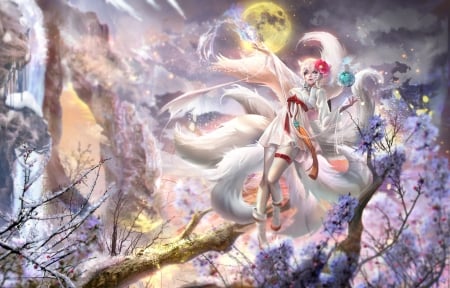 Ahri - tails, moon, girl, fantasy, sangrde, white, fox, game, snow, luminos, pink, ahri