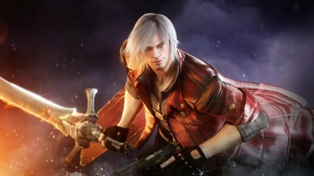 Dante - sword, game, gun, devil may cry, blond, fantasy, orange, dante, luminos, man