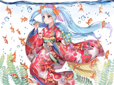 Vocaloid - summer, pink, vocaloid, anime, girl, blue, manga, fish, yuki miku, kimono, xlavhzhr04, hair