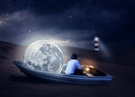 Dreamspace - moon, tracy williamsart, lighthouse, dreamspace, creative, fantasy, white, man, luminos, blue, luna, boat