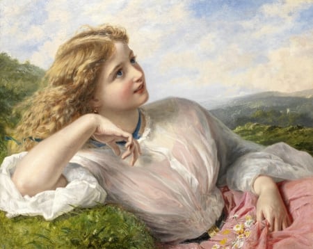 The song of the lark - sophie anderson, lark, girl, song, summer, painting, white, art, pink, luminos, pictura, green, blonde