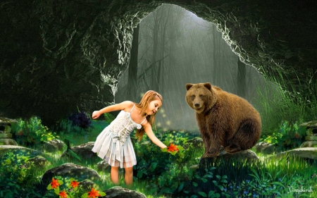 Cute Friend - cave, child, bear, fantasy, art