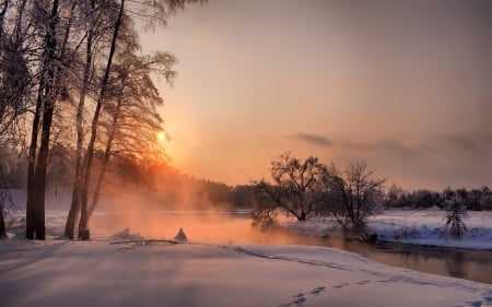 River at Sunset - River, Winter, Sunset, Nature