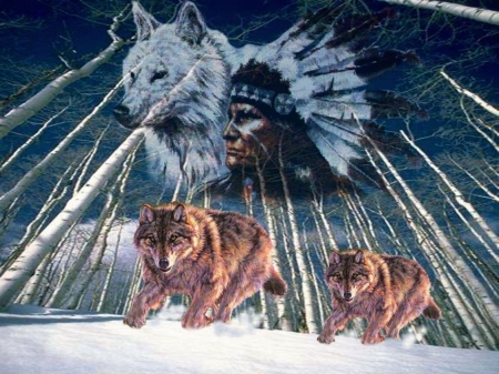 American Spirits - wolves, native, artwork, snow, winter