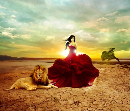 Red dress with lion - art, girl, lion, red, wild, animal, desert, dress