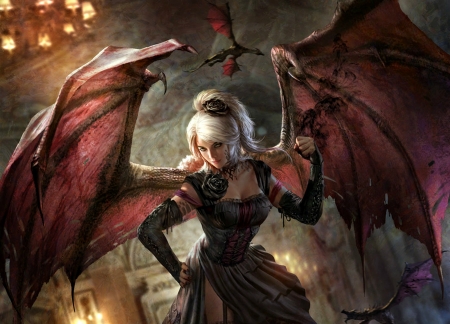 Saggan - red, game, legend of the cryptids, girl, frumusete, art, wings, fantasy, saggan, bat, dragon princess, billcreative, luminos