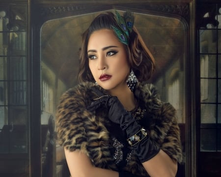 Beauty - girl, feather, chakrit chanpen, jewel, glove, fur, retro, peacock, vintage, woman, model, asian