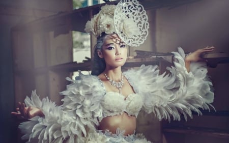 Beauty - white, woman, girl, hat, feather, chakrit chanpen, asian, model