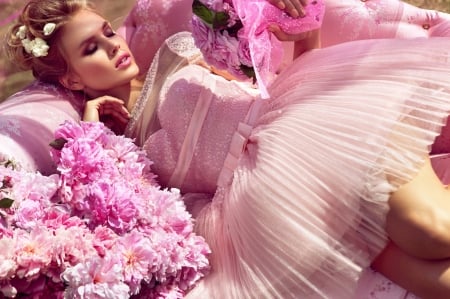 Beauty - flower, pink, model, girl, woman, dress