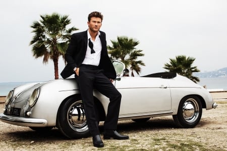 Scott Eastwood - black, actor, white, car, Scott Eastwood, costume, man