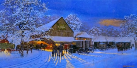 County auction - snowflakes, snow, light, frost, art, houses, winter, beautiful, road, village, auction, horses, painting, dusk, snowfall, country, peaceful