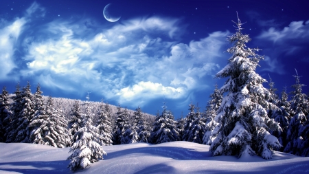 Snow Covered Mountaintop - Mountain, Moon, Snow, Clouds