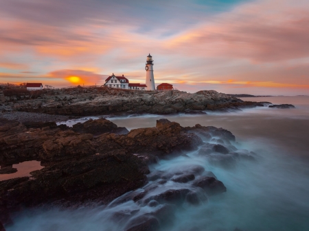 Lighthouse  at Sunset - nature, lighthouse, clouds, sunset, bay, rocks