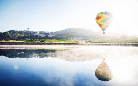 Hot Air Balloon Reflections - fun, Reflections, nature, Hot Air Balloon, lake, cool