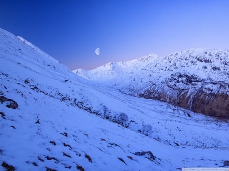 Nightfall - moon, winter, nature, snow, mountain