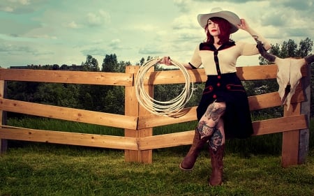 Out At The Corral.. - fun, female, boots, fashion, hats, brunettes, western, cowgirl, style, women, models, fence, girls, outdoors, rope, ranch, corral