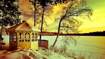 Snowy Gazebo - sky, trees, winter, sunset, shore, gazebo, nature, yellow, calmness, snow, golden