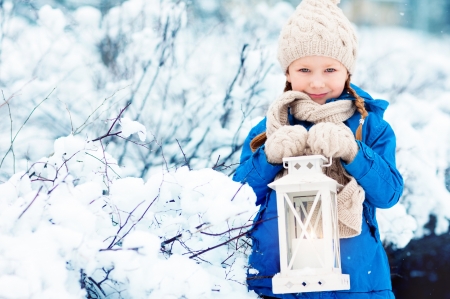 Little girl - hat, winter, blue, snow, girl, copil, child, lantern, white, scarf