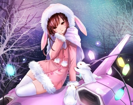 D.Va - miameowart, winter, pink, anime, girl, manga, white, d va, fantasy, ears, bunny