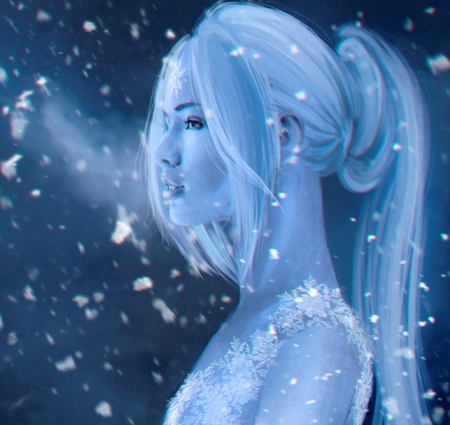 Winter - pretty, abstract, winter, female, snowflakes, blue, beautiful, dress, lovely, long hair, fantasy, white, pony tail, lady, fantasy woman, woman