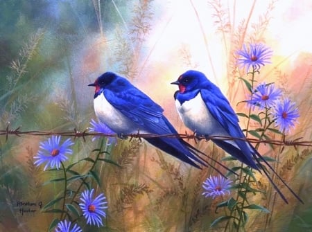 The Blue Martins - attractions in dreams, love four seasons, blue, animals, paintings, flowers, spring, birds