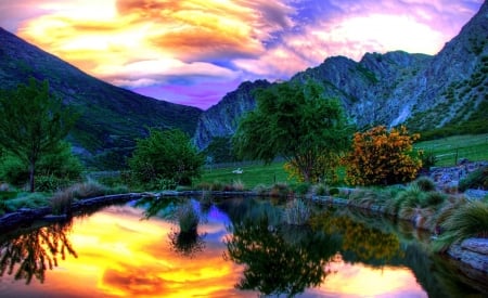 peaceful mountain - lake, sunset, mountain, sky