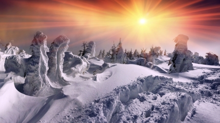 Winter - winter, snowdrifts, sunset, snow